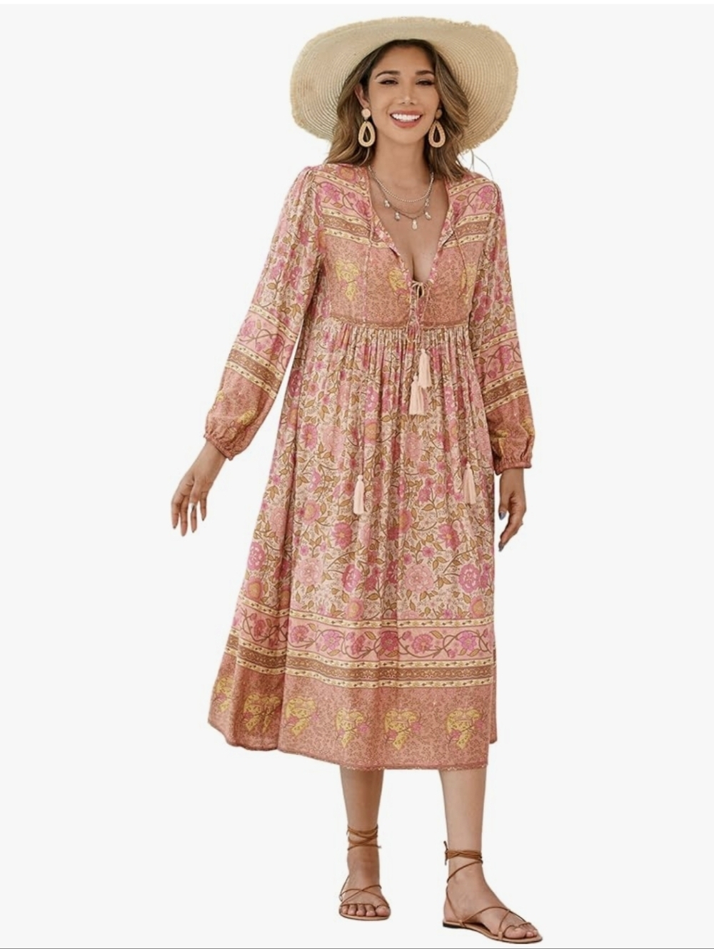 Bohemian Flowy Front Tie Dress Maxi Length Long Sleeve Large